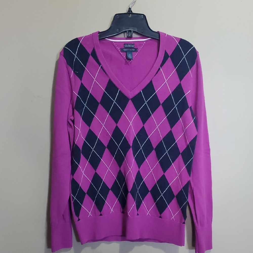 Tommy Hilfiger Pink and Black Argyle V-Neck Sweater Size Large
